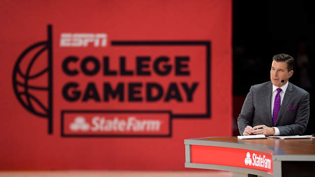 Rece Davis speaks during ESPN's 'College GameDay' broadcast ahead of No. 4 Tennessee's basketball game against No. 10 Texas at Thompson-Boling Arena in Knoxville, Tenn., on Saturday, Jan. 28, 2023. Kns Ut Basketball College Gameday  